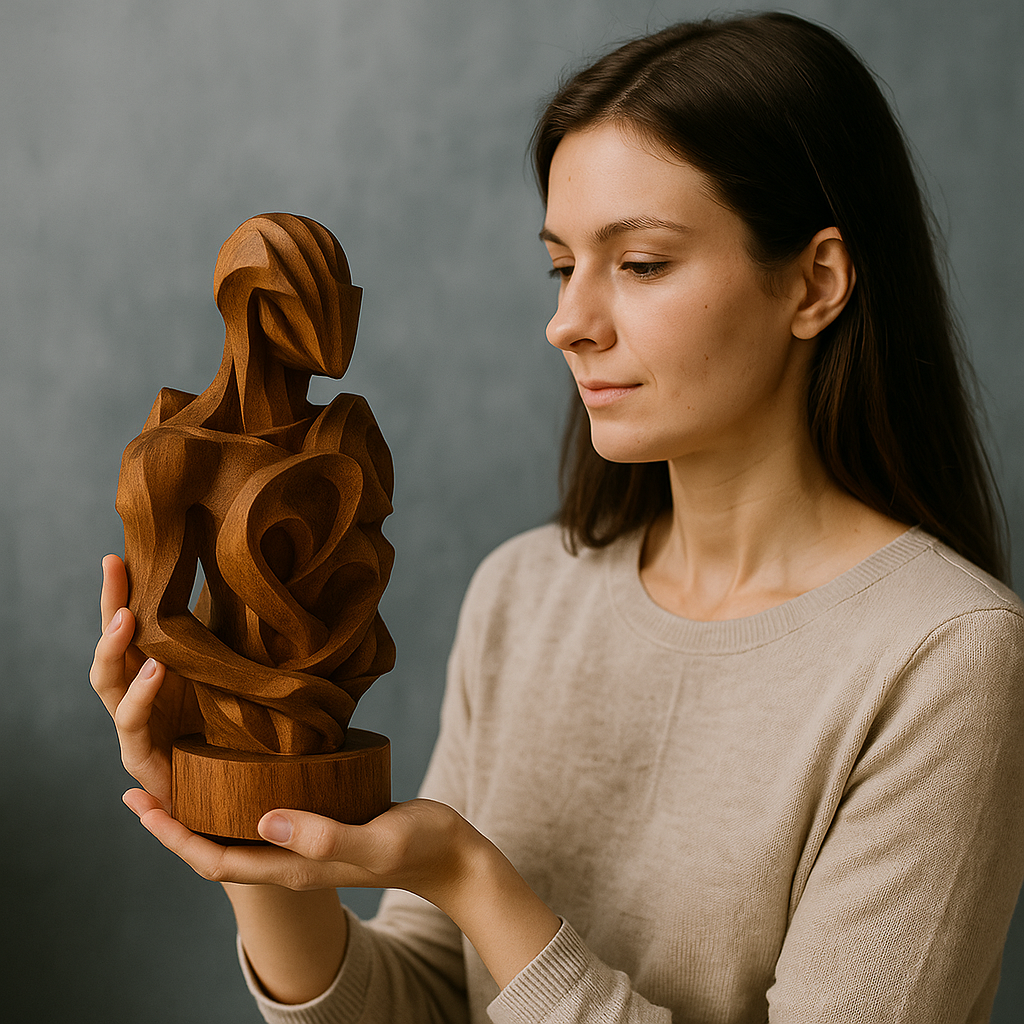 Person admiring a sculpture